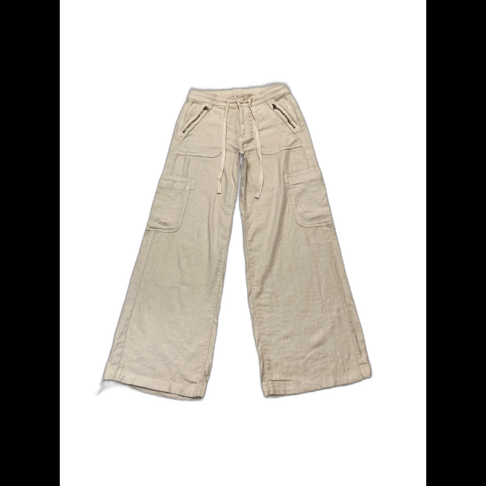 American Eagle Dreamy Drape Baggy Wide Leg Cargo Pants Size 4 Linen Blend Beige